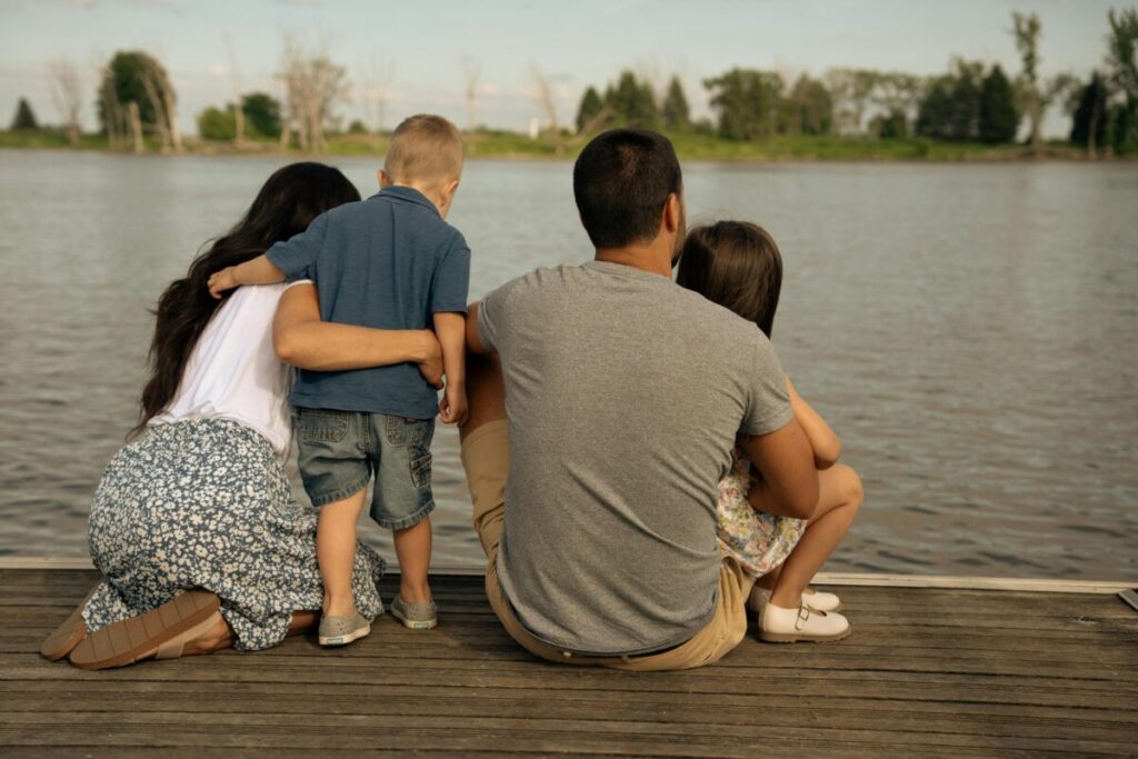 family at lake